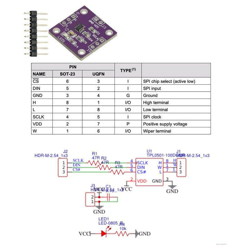 [Australia - AusPower] - 2.7V-5.5V TPL0501 Digital Potentiometer Module 100K Adjustable SPI Port Adjustment Bridge Balance Sensor 