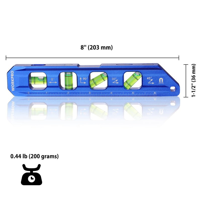 WORKPRO 8-Inch Magnetic Torpedo Level, Aluminum Alloy Construction, 4 Bubble Vials for 0°/90°/45°/30° Measurements, Cobalt Blue