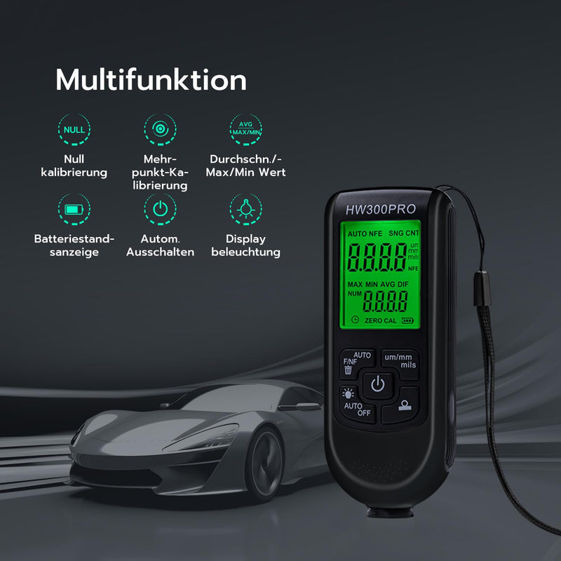 Mcbazel Paint Thickness Gauge Car Coating Thickness Gauge 0-2000µm, FE/NFE, LCD black