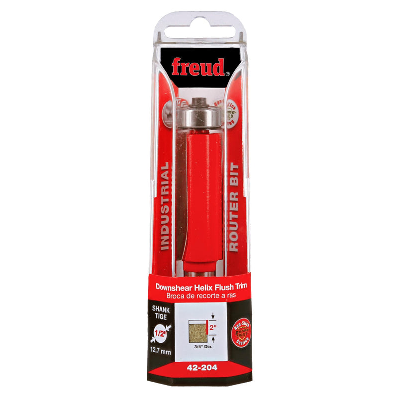 Freud 42-204: 3/4" (dia.) Downshear Helix Flush Trim Bit with 1/2" shank, 4-1/8" overall length Pack of 1 Downshear Helix Flush Trim Router Bit 3/4-Inch Diameter With 1/2-Inch Shank