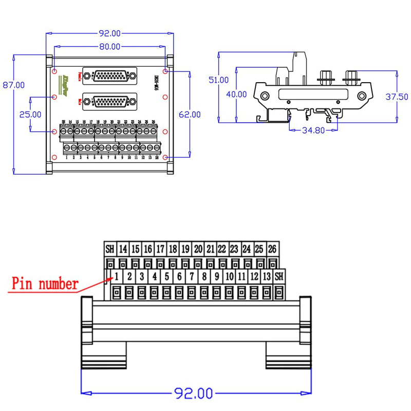[Australia - AusPower] - DB26 Male/Female D-SUB Din Rail Mount Interface Module, RS232 Serial D-sub 3Row 26Pin Port Terminal Breakout Board for Mechanical Equipment CNC Computers 