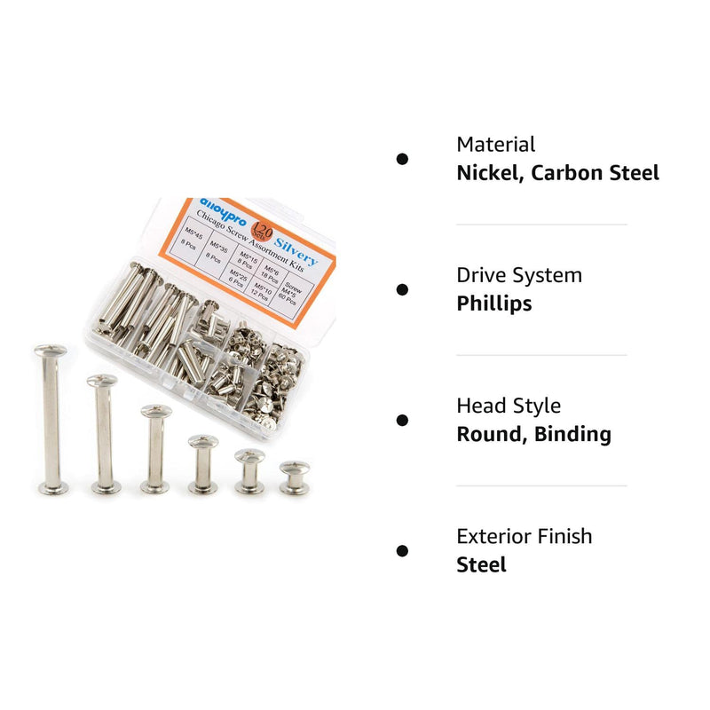 [Australia - AusPower] - Alloypro 120 Pcs (60 Pair) M5 x 6/10/15/25/35/45 Silvery Phillips Chicago Screws Binding Screw Posts,Scrapbook Photo Albums Binding Screws Assorted Kit 6 Sizes for Leather Saddles Purses Belt Repair Silvery M5x6/10/15/25/35/45 