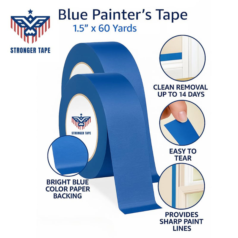 Blue Painter’s Tape 1.5” x 60 Yards – Easy-Release Masking Tape for Painting, Clean Removal, No Residue – Multi-Surface Use on Walls, Trim, Glass & Wood – Professional-Grade Adhesive (4 Rolls) 4