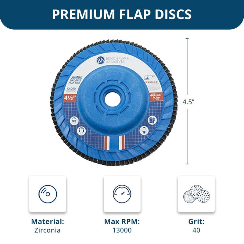 [Australia - AusPower] - Benchmark Abrasives 4.5" x 5/8"-11 Premium High Density Trimmable Zirconia Type 27 Flap Discs 4 1/2 for Angle Grinder, Sanding Discs, Finishing - Grinding Wheels 4 1/2 inch - (5 Pack) 40 Grit 