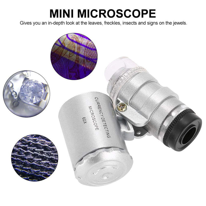 [Australia - AusPower] - FILFEEL 60x Mini Microscope, Pocket Magnifying Glass with LED and UV Light Function for Detection of Counterfeit Currencies and for Use in Jewellery Shops 