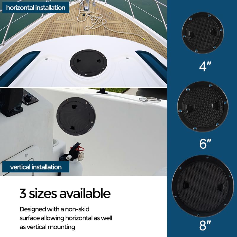 Boat-Ready Black Round Non-Slip Inspection Hatches - Sizes 4", 6", 8" with Detachable Cover - ABS Plastic Screw Out Access Hatch Cover for Kayak, Yacht, Marine Accessories Black 6 inch