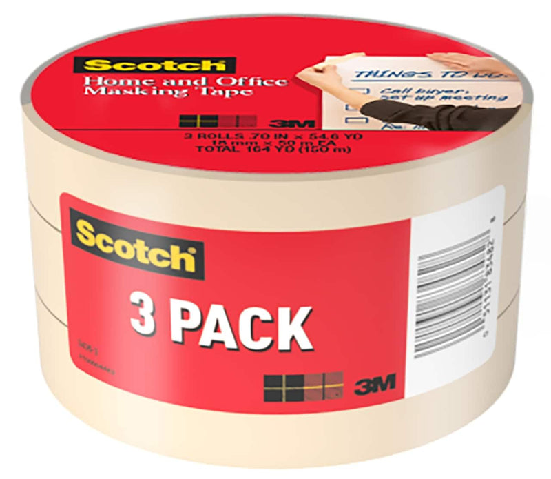 Scotch Masking Tape, 3 Rolls, 0.70 in x 54.6 yd, Great for Everyday Use, Strong Adhesive, Tan Masking Tape (3436-3), 2-Pack (6 Rolls)