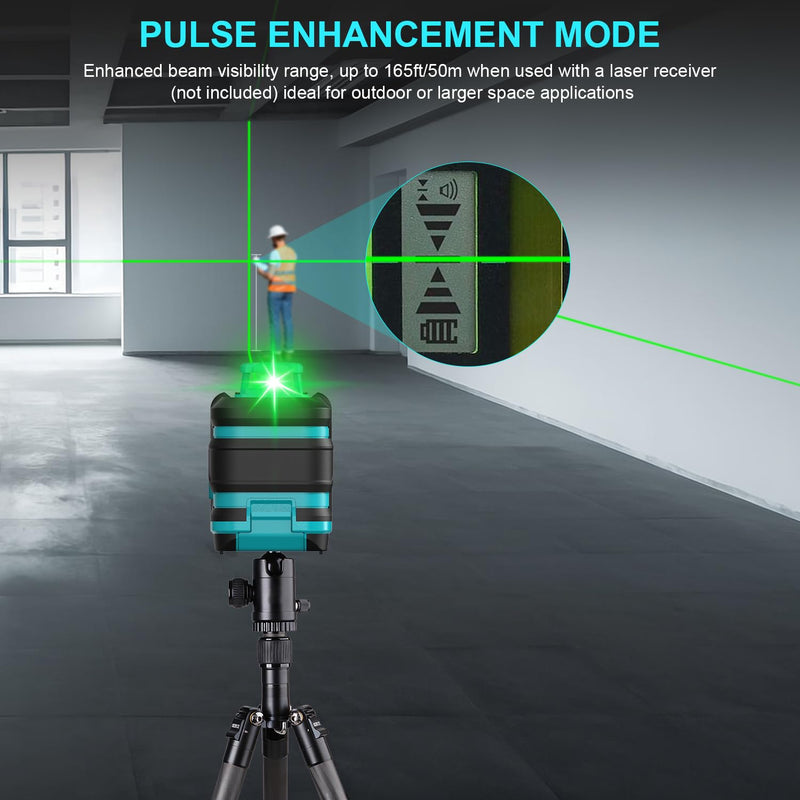 [Australia - AusPower] - Kiprim Green Laser Level LV8D with Enhanced Visibility,5 Laser Lines,Adjustable Brightness,Manual/Self Leveling/Pulse Mode,Batteries and Carrying Pouch Included 5 Laser Beams 