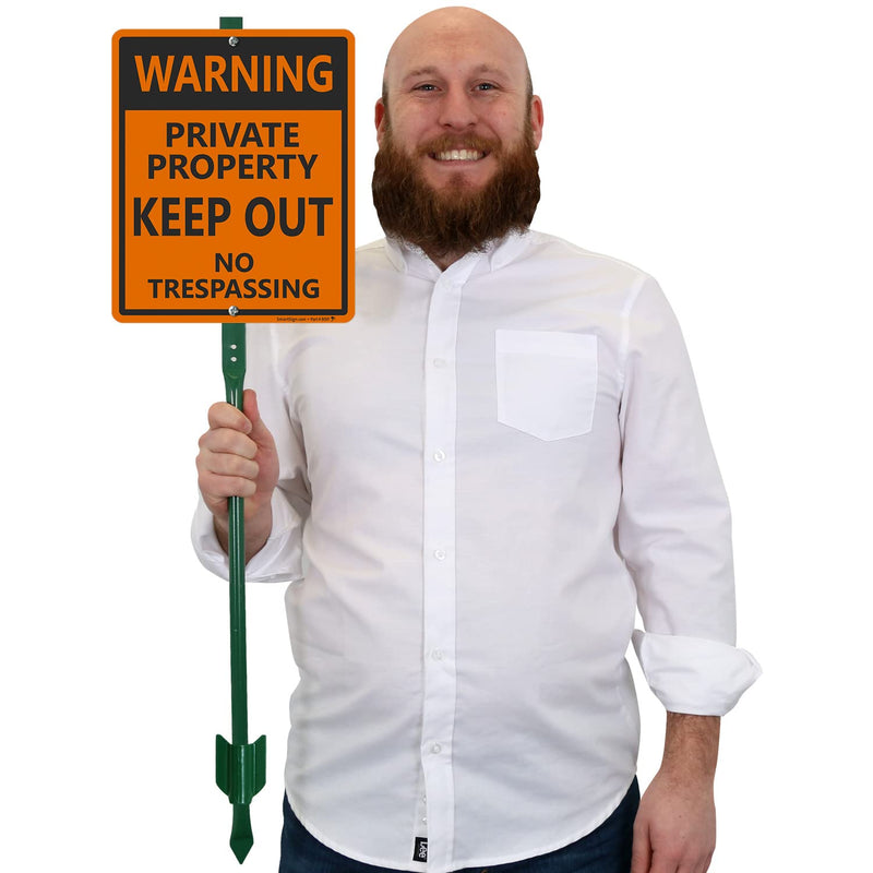 SmartSign 12 x 10 inch “Warning - Private Property, Keep Out, No Trespassing” LawnBoss Yard Sign with 3 foot Stake, 40 mil Laminated Rustproof Aluminum, Black and Orange, Set of 1