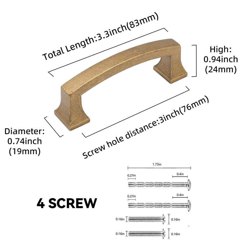 10 Pack 3 Inch(76mm) Antique Brass Cabinet Pulls Vintage Drawer Pulls Aged Gold Bronze Kitchen Hardware Solid Kitchen Handles 3'' Hole Center(76mm) 10