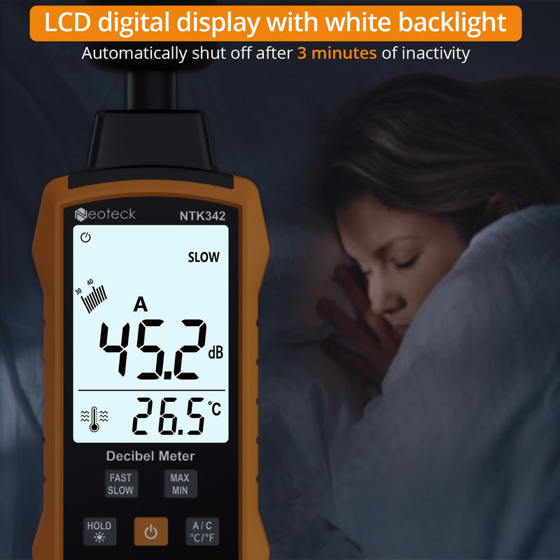 Neoteck 30-130dB Decibel Meter with A/C Weighted Digital Sound Level Meter with MAX/MIN Fast/Slow Response Rate Portable Backlight SPL Meter with Data Hold for Home Office Factories Noisy Neighbors