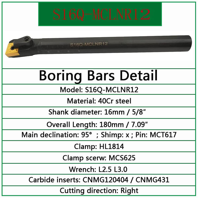 [Australia - AusPower] - 5/8" Lathe Excircle Indexable Carbide Lathe Tool Holder MCLNR1616H12 + Metal Lathe Internal Drill Rod S16Q-MCLNR12 + Indexable Carbide Turning Inserts CNMG431 (CNMG120404) 