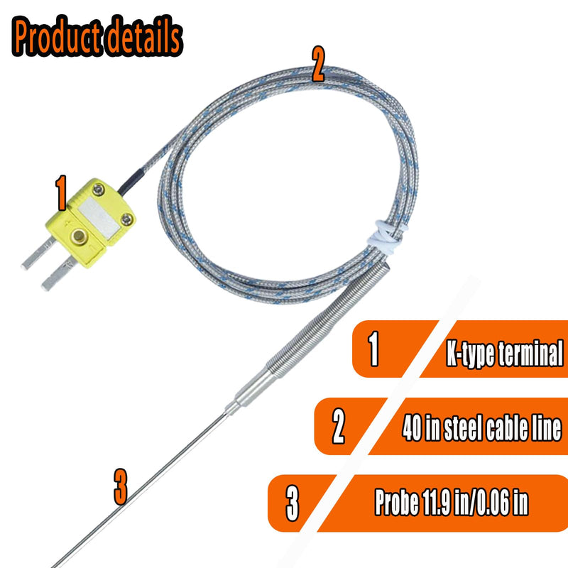 [Australia - AusPower] - 2 Packs of TL1916SL K-Type thermocouple Probes Probe 11.9 in/0.06 in/Cable Length 40 in Measuring Range -50°F - 1100°F 