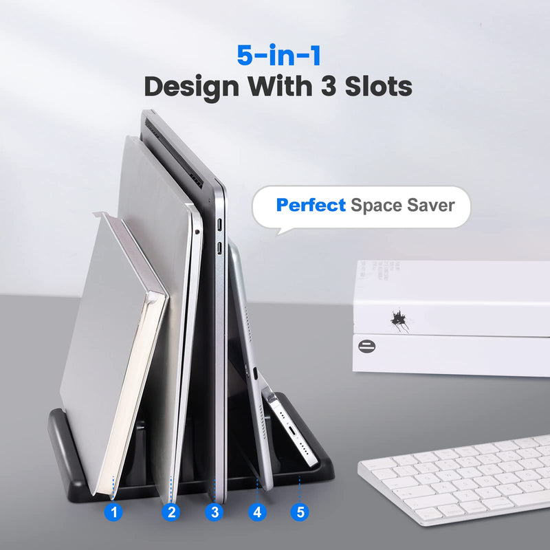 [Australia - AusPower] - Vaydeer 3-Slot Vertical Laptop Stand Made of Premium ABS Plastics 5 in 1 Design Space-Saving Adjustable Desk Organizer for All MacBook/Chromebook/Surface Three Slot Black 