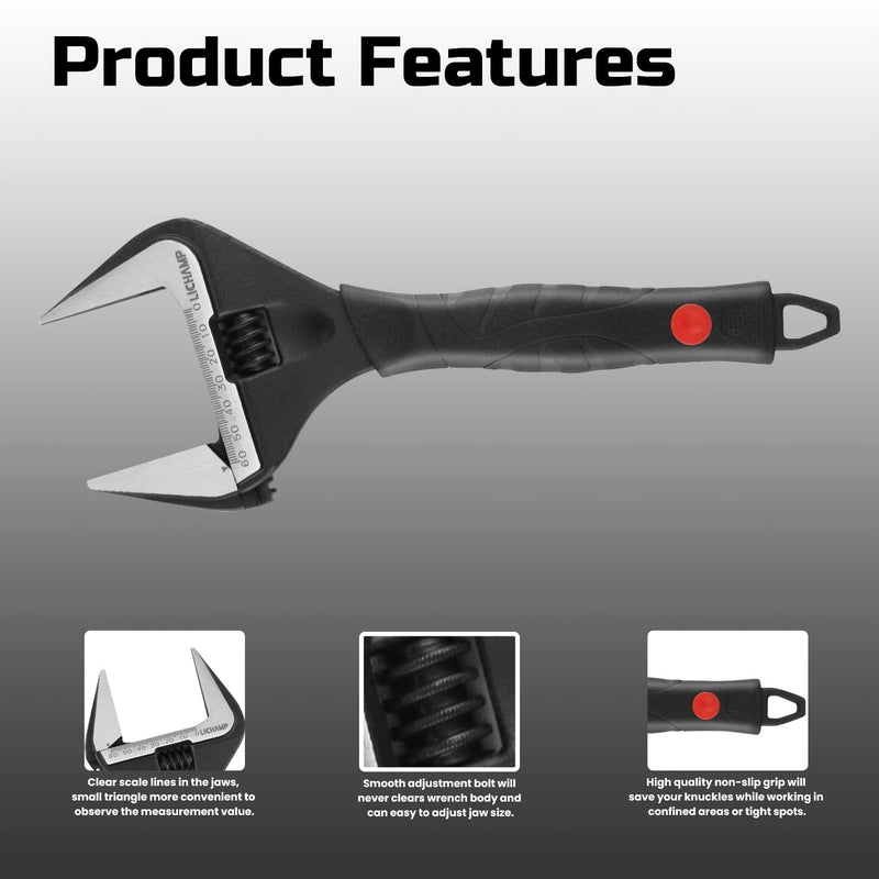 Lichamp 12-Inch Wide Jaw Adjustable Stubby Wrench with 60 mm Jaw Opening for Plumbing Automotive and Industry, Black Medium