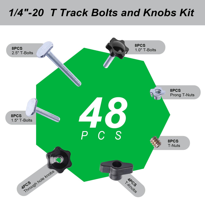 [Australia - AusPower] - 48 Pieces T Track Bolts and Knobs Kit, 1/4" x20 T Bolts & Threaded Knobs, T Track Accessories and Parts Hardware Set for Woodworking Jigs and Fixtures 