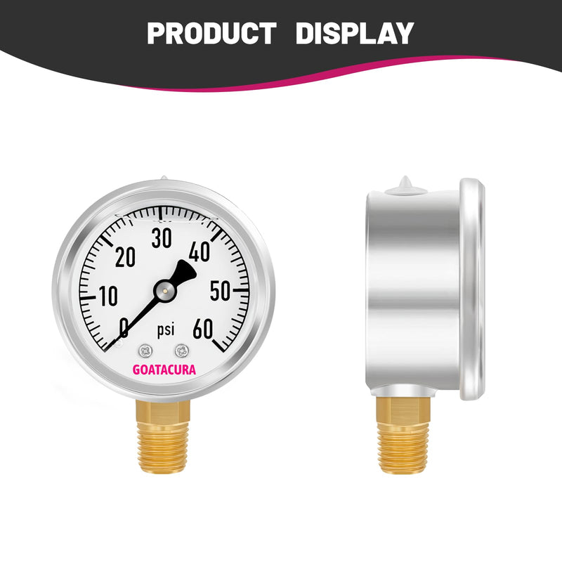 [Australia - AusPower] - 0-60psi Glycerin Filled Pressure Gauge, 2" Dial Size, 304 Stainless Steel Case, 1/4" NPT Lower Mount, with High Accuracy, for Measuring Water Air Hydraulic Pressure 0-60psi Lower Mount Single Scale 
