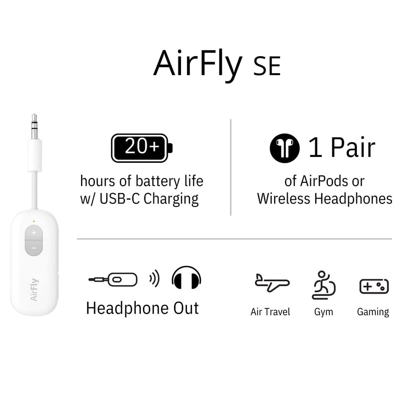 [Australia - AusPower] - Twelve South AirFly SE Bluetooth Wireless Audio Transmitter Receiver for AirPods or Wireless Headphones - Use with Any 3.5 mm Audio Jack for Airplanes, Gym Equipment, TVs, iPad/Tablets and Auto White 
