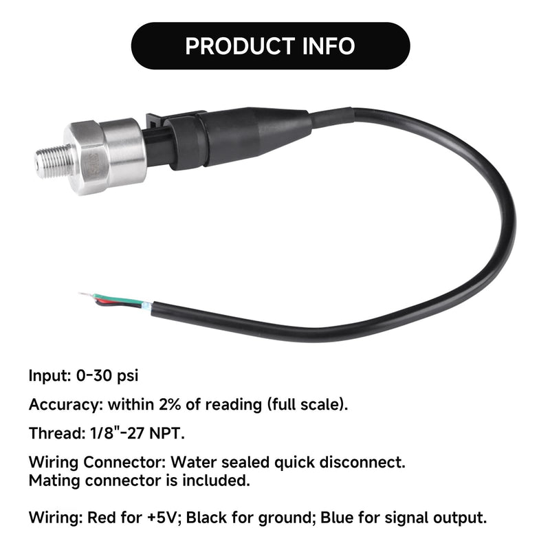 [Australia - AusPower] - 30PSI Pressure Transducer Sensor, 1/8-27 NPT Thread Stainless Steel Pressure Sensor 0.5-4.5V, Fuel Oil Pressure Transducer Sensor with Connector Harness for Gas, Water, Air 30PSI 