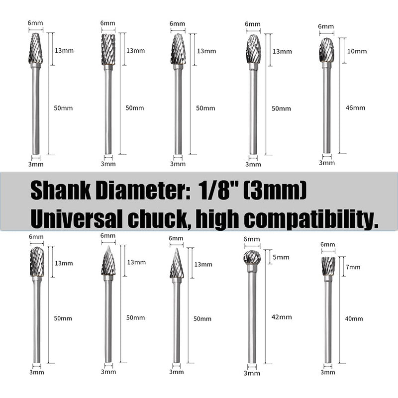 [Australia - AusPower] - Carbide Burr Set for Dremel, 10 Pieces Wood Metal Cutter with 1/8 Inch Shank for DIY Woodworking, Carving, Engraving, Drilling, Metalworking 