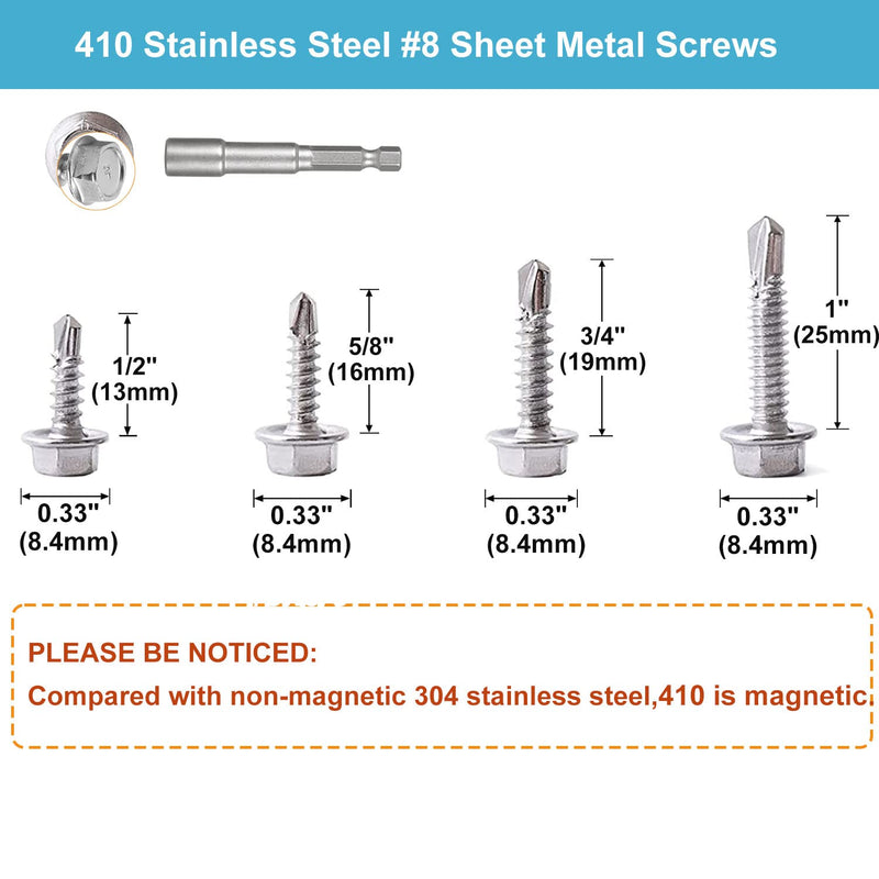 [Australia - AusPower] - 120PCS #8 x 1/2'' Sheet Metal Screws 410 Stainless Steel Hex Washer Head Fast Self Tapping Screws with Screwdriver Bit Silver #8 x 1/2'' 