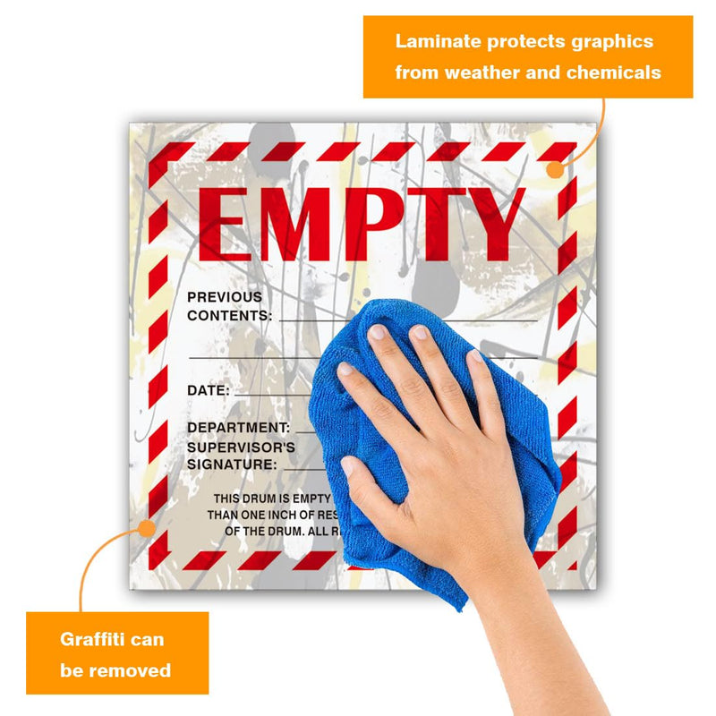 Empty Drum Industrial Labels 6"x6" Adhesive-Poly Vinyl Warning Stickers Self Adhesive White/Black Tag 50 Pack