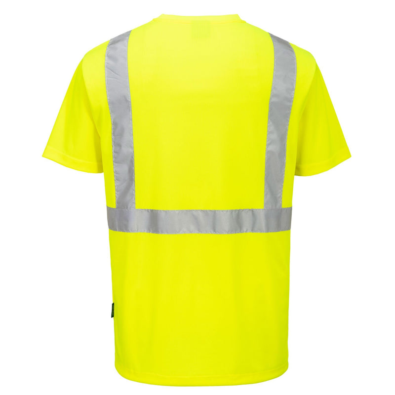 Portwest S198 Hi Vis Pocketless Short Sleeve T Shirt Moisture Wicking Safety Workwear with Reflective Tape, Yellow, M Medium