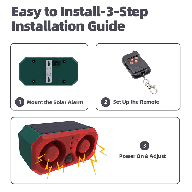 Solar-Outdoor Motion Sensor Alarm: Coyote Deterrent 130dB Dual Speakers Sound, Motion Light & Remote|Animal Deterrent for Yard/Farm/Chicken Coop N911T