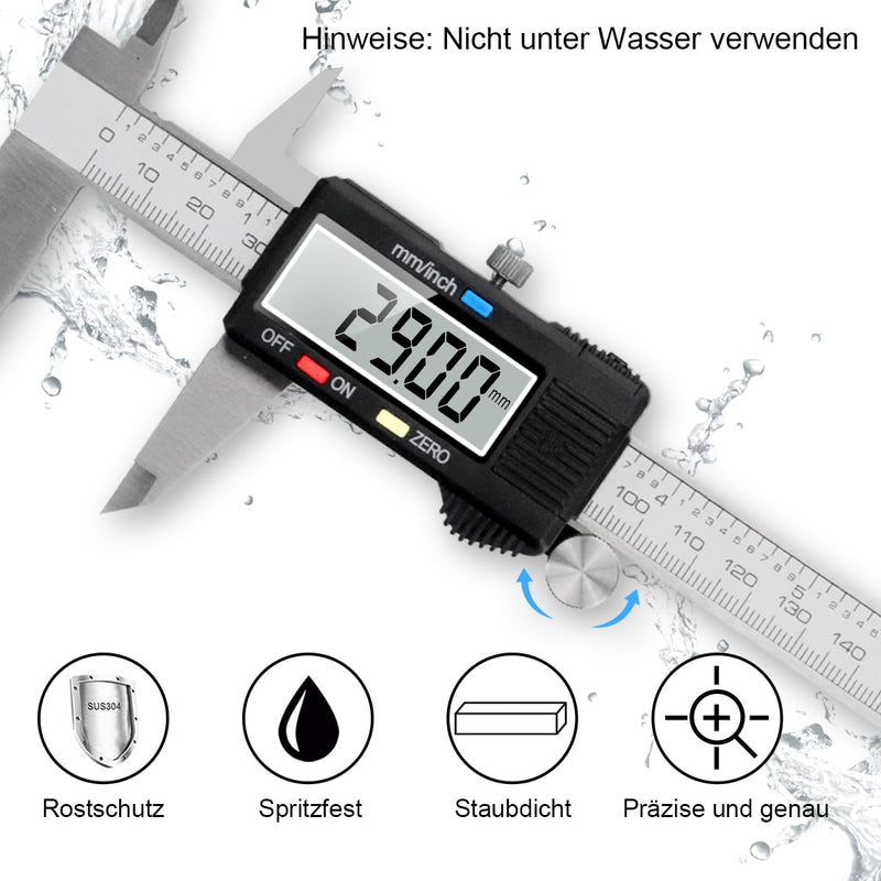 Qfun Digital Calliper Stainless Steel Calliper Measuring Tools 150 mm Accuracy 0.01 mm Splashproof Dustproof Digital Calliper with LCD Display for Household and Industry Measuring Gauge IP54-Black