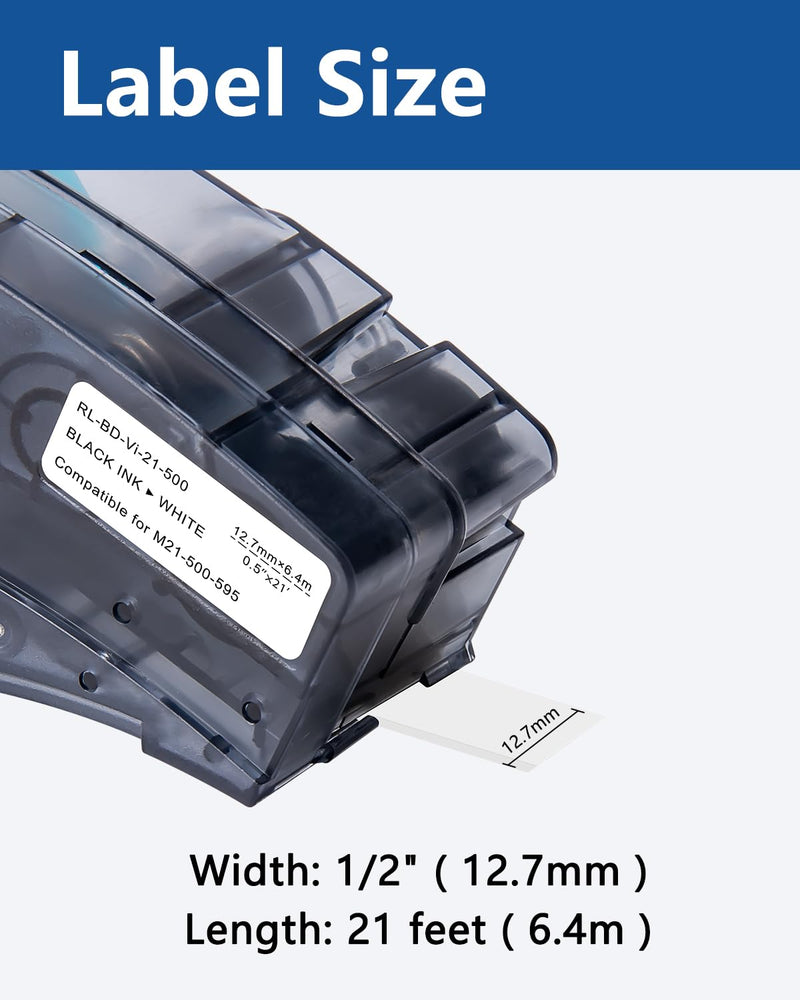 6 Pack Black on White Tape 1/2'' Vinyl Label Compatible for M21-500-595-WT M21-500-595 Label Cartridge, 0.5" W x 21' L for Indoor and Outdoor ID, Not Compatible with M210 and M211 6-Pack Vinyl 0.5''(1/2'')