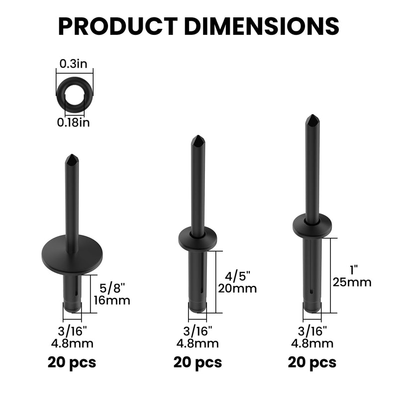 [Australia - AusPower] - 60Pcs Tri-Fold Rivets, Tri Grip Aluminum Pop Blind Rivets with Waterproof O Rings for Industries Automobiles Kayak Sailboat & Furniture 3 Sizes (3/16'' x 5/8'', 3/16'' x 4/5'', 3/16" x 1") 