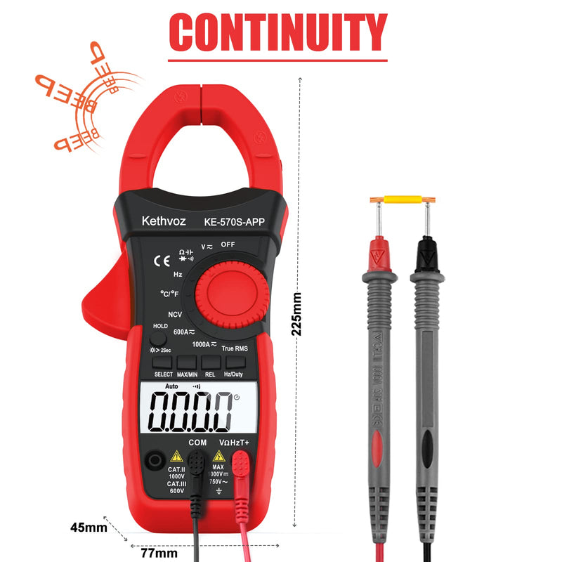 [Australia - AusPower] - Bluetooth Clamp Meter Clamp Meter, Kethvoz Anto Range True-RMS Current Clamp NCV Voltmeter 570S-APP Measure AC/DC Voltage Current, Continuity Resistance Capacity Temperature 1000A Bluetooth Clamp Meter 570SAPP 