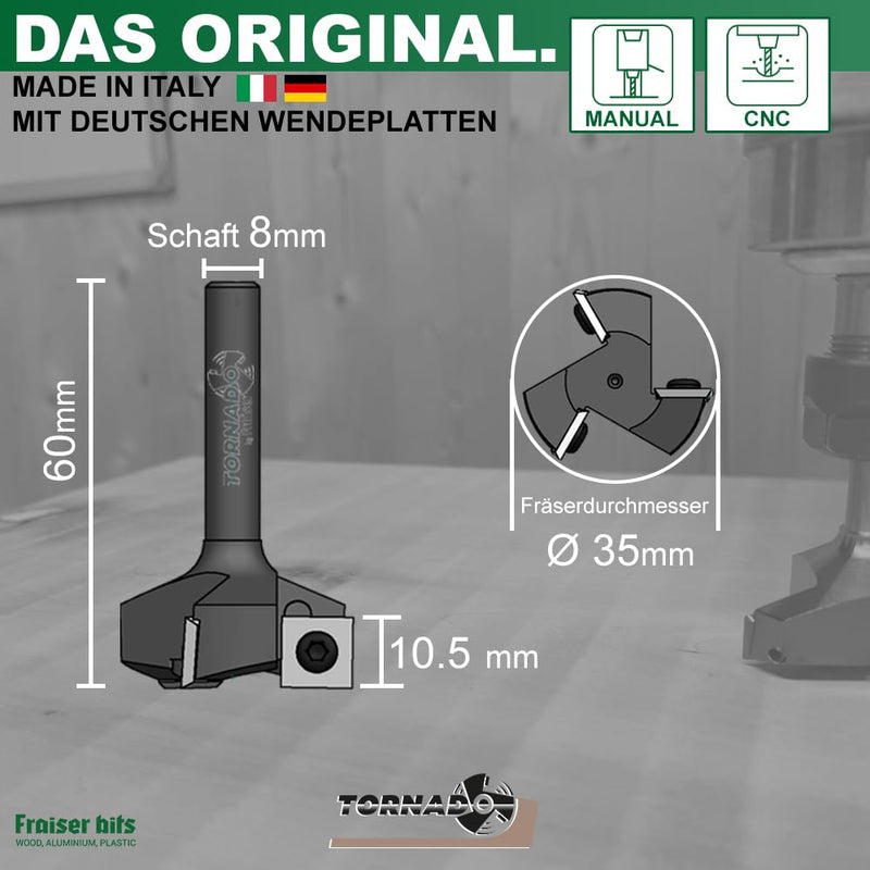 [Australia - AusPower] - Tornado Fraiser Face Cutter 8 mm Shank for Wood Diameter 35 mm with 3 Interchangeable Carbide Blades Coated 10.5 x 10.5 mm Cutter for Router (D = 35 I = 10.5 S = 8) D=35 I=10.5 S=8 tornado 
