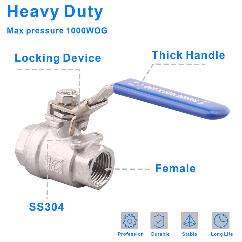 [Australia - AusPower] - DERNORD 2 Pack Stainless Steel 304 Ball Valve, 2-Piece Full Port Heavy Duty for WOG with Locking Device (1/2" NPT) 1/2" NPT Pack of 2 
