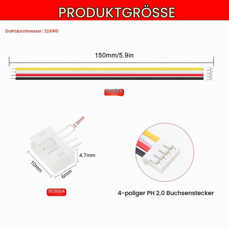 30 Sets JST 2.0 PH 4 Pin Connectors, Mini Micro JST 2.0 mm 4-Pin Connector with 150 mm 22AWG Cable & Female 4 Pin + Plug