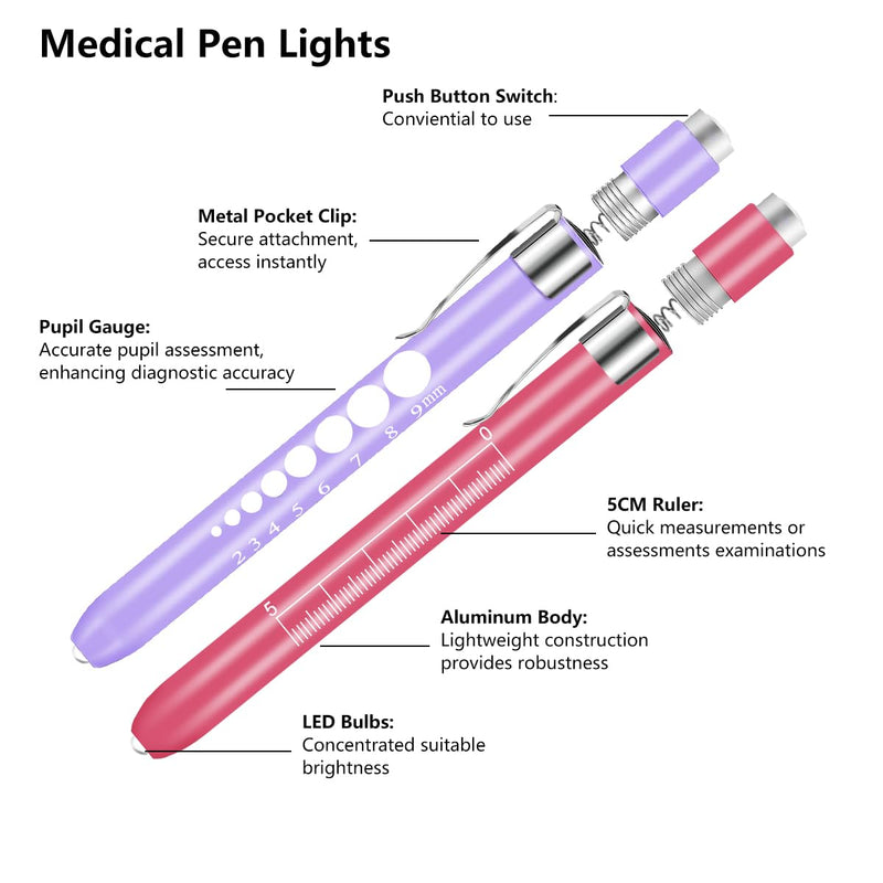 [Australia - AusPower] - Nurse Penlight with Pupil Gauge, 2 Pack LED Medical Pen Lights for Nursing Doctors, EMTs Pink and Purple with Batteries 