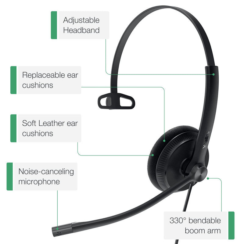 [Australia - AusPower] - Yealink Phone Headsets for Office Phones YHS34 Lite QD to RJ9 Wired Headset Compatible with Poly Snom Grandstream Phones Desk Landline Headset with Microphone -Mono/72g/2.1m Cable Foamy Ear Cushions - Mono Compatible with Yealink|Poly|SNOM|Grandstream 