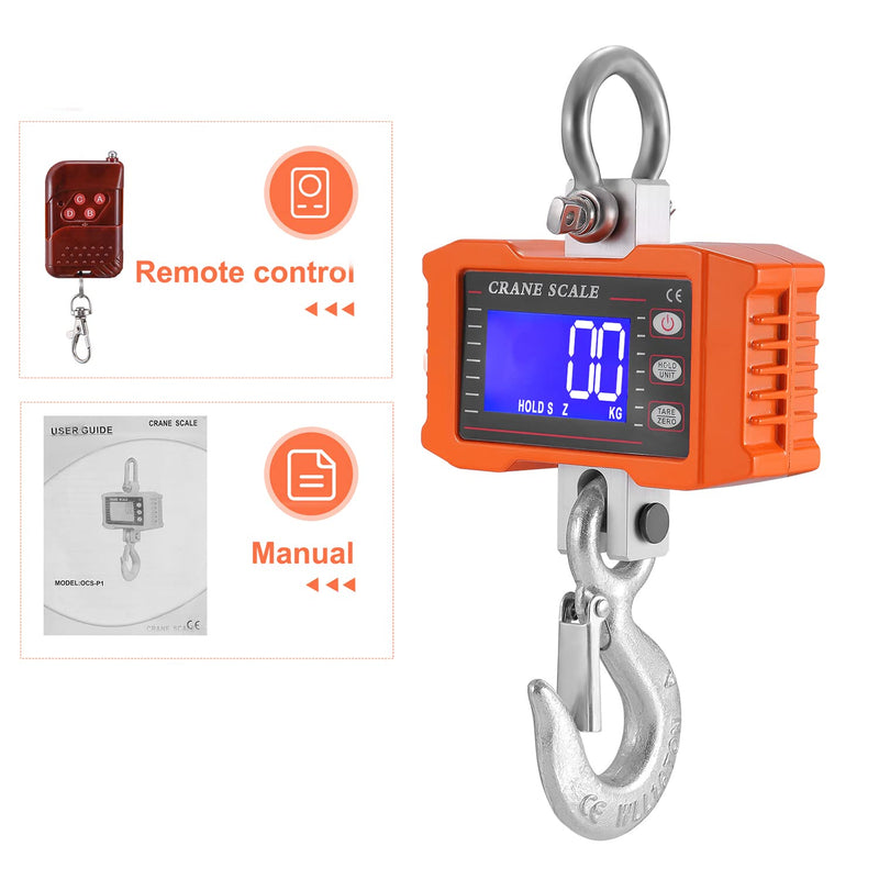 [Australia - AusPower] - Hanging Scales with Remote Control 1000 kg 2200 lbs, Digital Hanging Scales Electronic Crane Scales with Accurate Reload Spring Sensor & LCD Display, Mini Portable Scales with Hooks for Farm, Factory, 