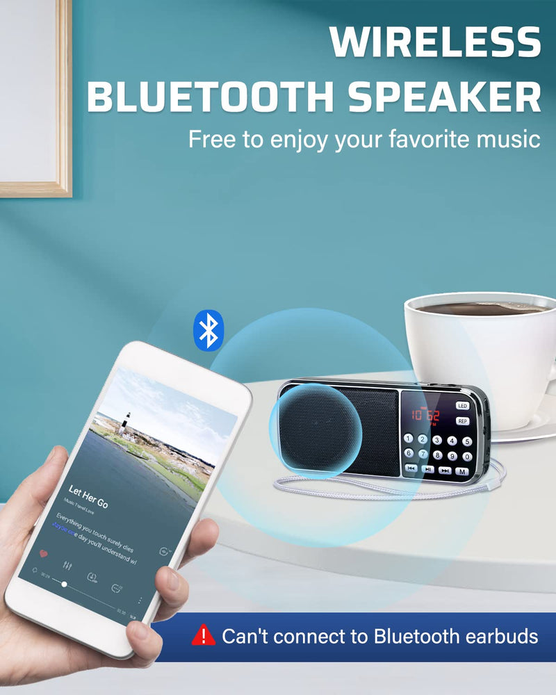 [Australia - AusPower] - PRUNUS J-189 Bluetooth AM FM Radio, Small Portable Radio - Dual Speaker Heavy Bass, LED Flashlight, Pocket Size, TF Card USB AUX MP3 Player, Rechargeable Battery Operated Small Radio(Black) Black 