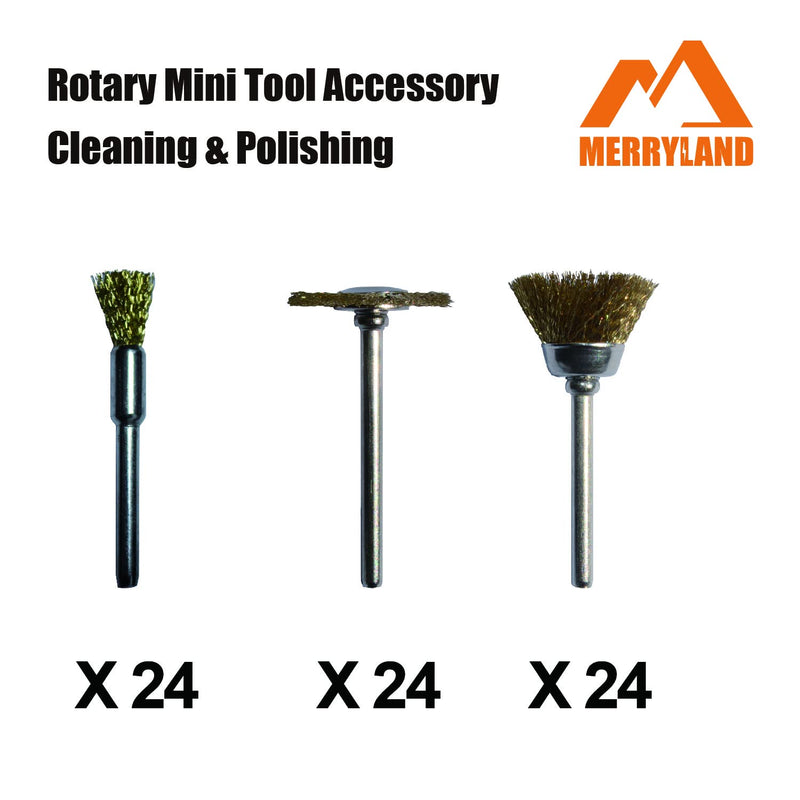 [Australia - AusPower] - Merryland Wire Brush Mini Brass Brush for Dremel 72 Pack, Pen Brush Wheel Brush Cup Brush 24 Pack for Each, Polish Brush End Brush Mini Rotary Tool Accessory, RMTA072C2 Brass Wheel Cup End Brush 72pcs 