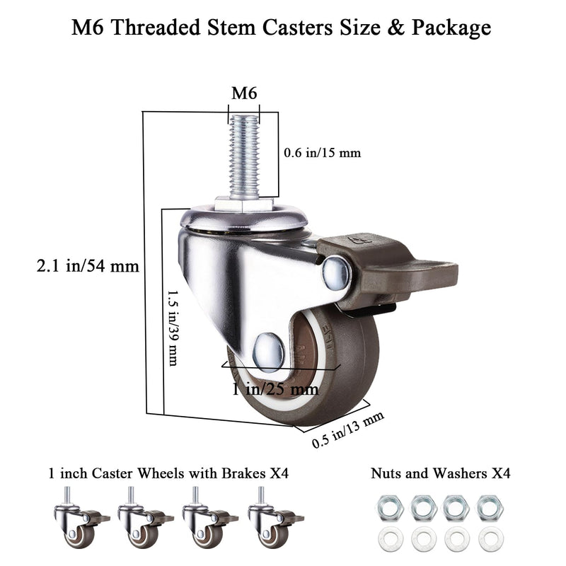 [Australia - AusPower] - 1 Inch Caster Wheels with M6 Threaded Stem, Small Swivel Stem Casters Set of 4 with Brakes, TPE Rubber Rolling 15 mm Screw Wheels for Furniture Tiny Shopping Cart Wire Shelving 1 Inch 