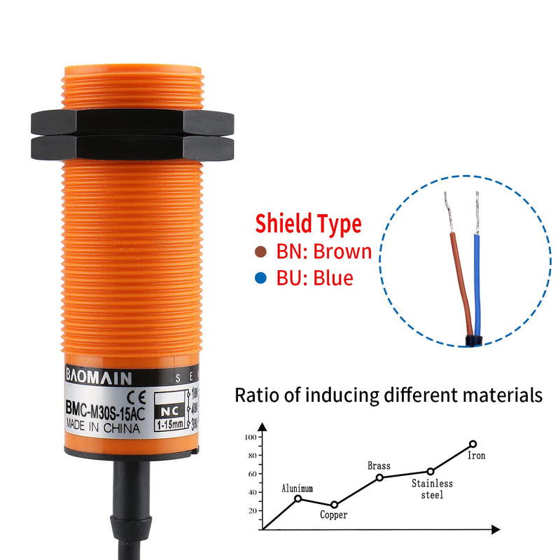 [Australia - AusPower] - Baomain Capacitive Proximity Sensor, Cylindrical M30 Plastic, Sn 15 mm, 220V, NC Contacts, Cable 2 mm, 2-wire BMC-M30S-15AC 