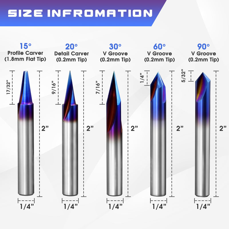 5 Piece Engraving CNC Wood Carving Router Bit with Nano Blue Coated Tungsten Soild Carbide 15° 20° 30° 60° 90° V Groove Endmill Bit Profile Router Bits for Sign Making Multiple Degree