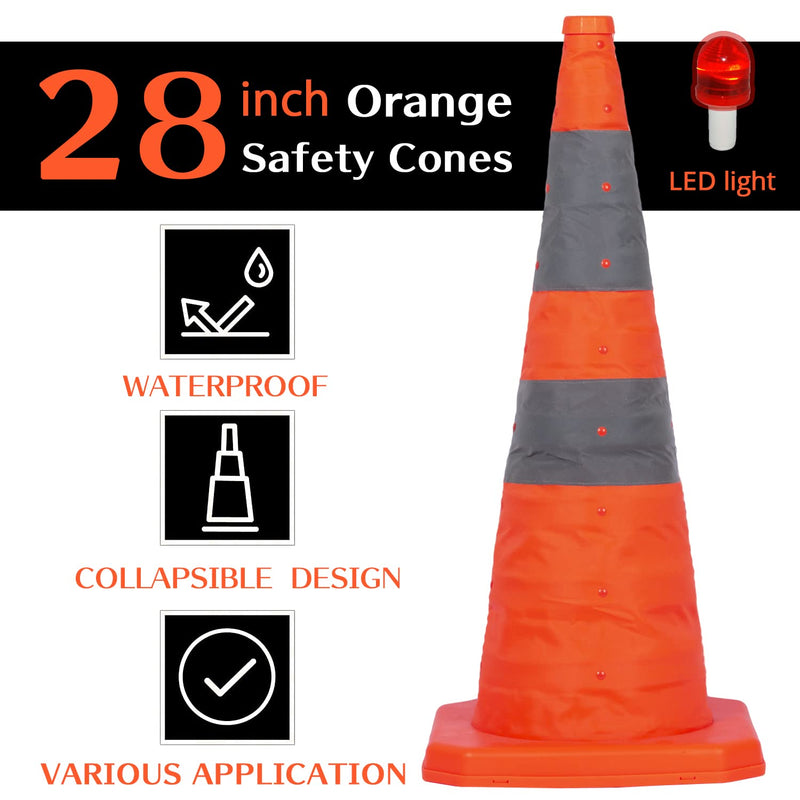 28 inch Collapsible Traffic Cone with LED Light, Safety Cones with Reflective Collars, Multi Purpose Pop Up Extendable Road Safety Cone by GUARDLEAD 28 inch 1