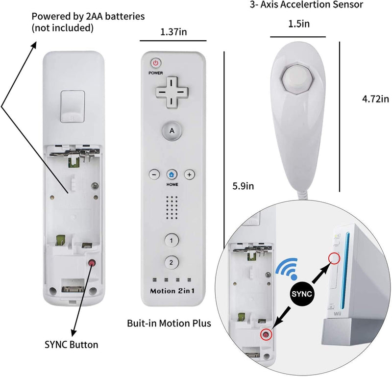 [Australia - AusPower] - Motion Plus Wii Controllers 2Packs with Nunchucks, Wii Remote Controllers Compatible for wii and Wii U with Built in Motion Plus Black&White 