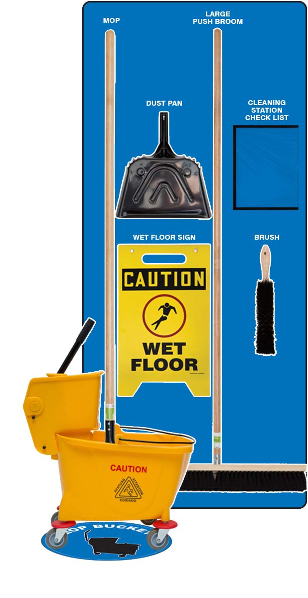 Accuform Clean & Mop Store-Board with Tools, Ultra Aluma-Lite Material, Blue Board, Black Shadows Blue/Black
