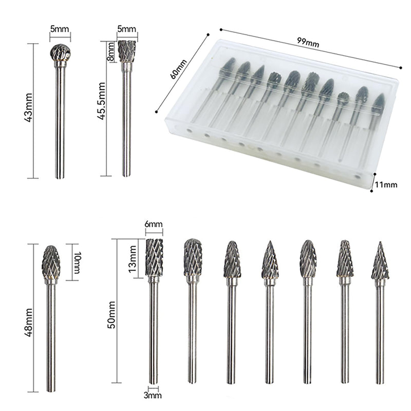 [Australia - AusPower] - EUZUXU 10Pcs Tungsten Carbide Rotary Burr Set for Rotary Tool, for Wood Metal Grinding Engraving Polishing 