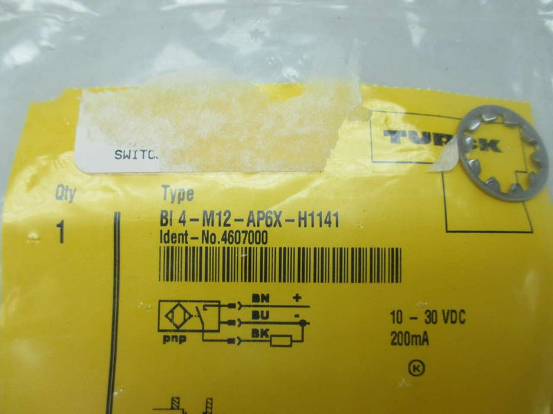 [Australia - AusPower] - TURCK BI4-M12-AP6X-H1141 (4607000), 1 LED, 10-30 VDC, 12 MM SIZE, 4 MM RANGE, 4 PIN, EMBEDDABLE, INDUCTIVE, M12 EUROFAST MALE, NORMALLY OPEN, PARTIAL THREAD, PNP (SOURCING), SENSOR, STANDARD, STRAIGHT 