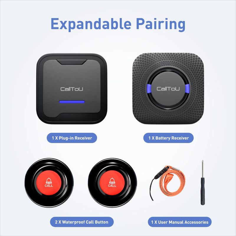 [Australia - AusPower] - CallToU Wireless Caregiver Pager Call Button Nurse Calling Alert System Call Bell Elderly Patient Disabled with 2 Transmitters 1 Plug-in Receiver 1 Battery Portable Receiver 2 Call Buttons & 2 Receivers 