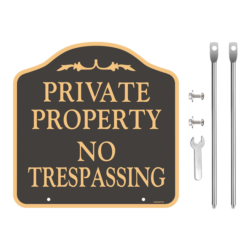 Large (2 Pack) No Trespassing Signs Private Property, Metal, Aluminum, Includes Metal Yard Stakes for Easy Installation, 12x12 Inches